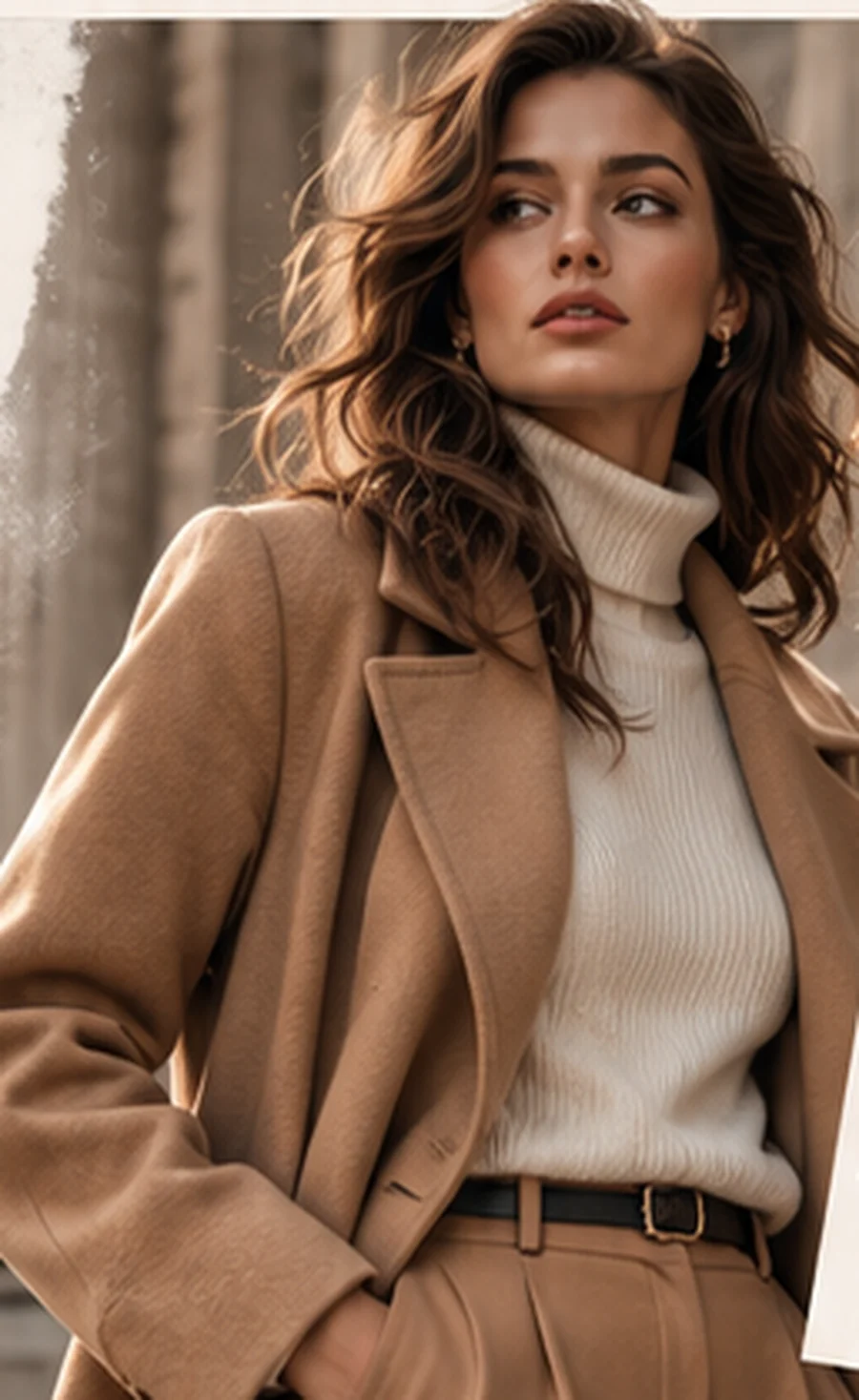 Kobieta w eleganckim beżowym płaszczu — inspiracja jesienną modą